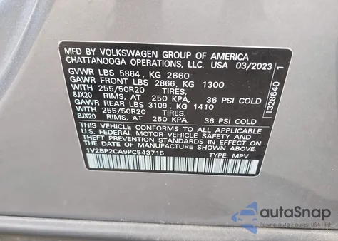 2023 Volkswagen Atlas 2.0T Sel from USA, damaged, VIN 1V2BP2CA9PC543715